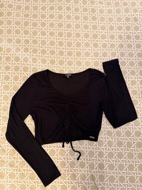 Black Ruched Drawstring Long Sleeve Crop Top